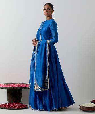 blue plain chanderi lehenga set 3