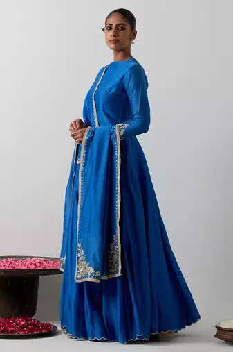 blue plain chanderi lehenga set