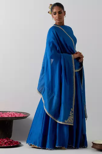 blue plain chanderi lehenga set