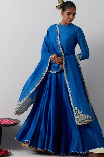 blue plain chanderi lehenga set