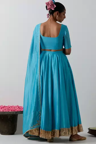 blue plain chanderi lehenga set