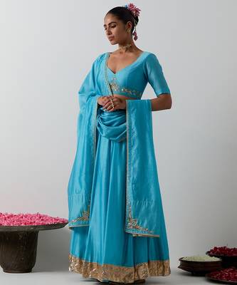 blue plain chanderi lehenga set 3