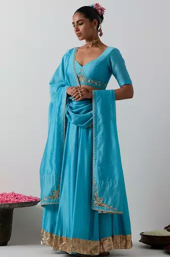 blue plain chanderi lehenga set