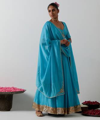 blue plain chanderi lehenga set 4