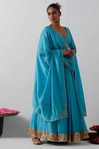 blue plain chanderi lehenga set