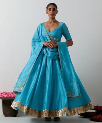 blue plain chanderi lehenga set 1
