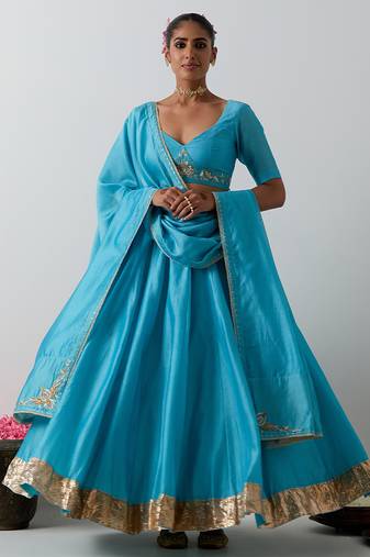 blue plain chanderi lehenga set