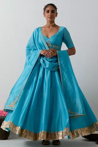 blue plain chanderi lehenga set