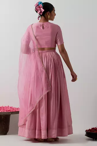 pink plain chanderi lehenga set