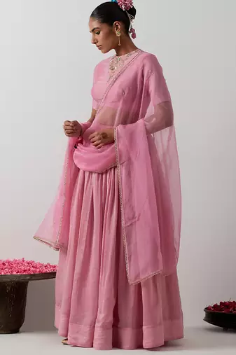 pink plain chanderi lehenga set