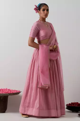 pink plain chanderi lehenga set