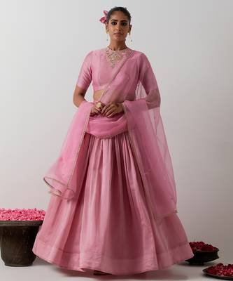 pink plain chanderi lehenga set 1