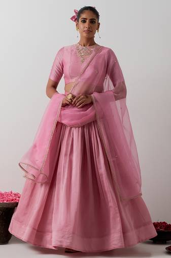 pink plain chanderi lehenga set