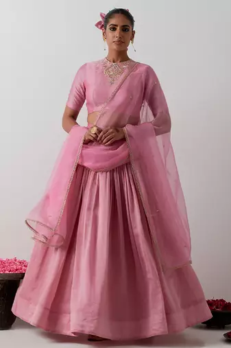 pink plain chanderi lehenga set