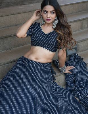 BLACK ZARI AND CODING LACE WORK WITH LEHERIYA PRINTED GEORGETTE SEMI STITCHED LEHENGA CHOLI 2