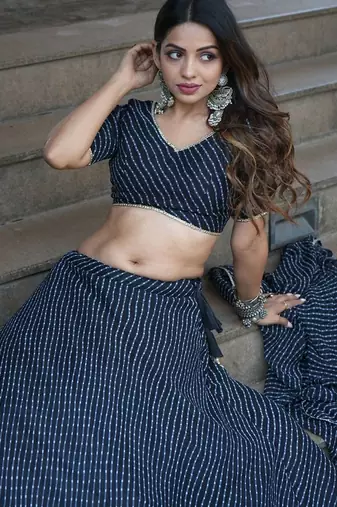 BLACK ZARI AND CODING LACE WORK WITH LEHERIYA PRINTED GEORGETTE SEMI STITCHED LEHENGA CHOLI