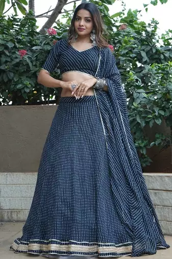BLACK ZARI AND CODING LACE WORK WITH LEHERIYA PRINTED GEORGETTE SEMI STITCHED LEHENGA CHOLI