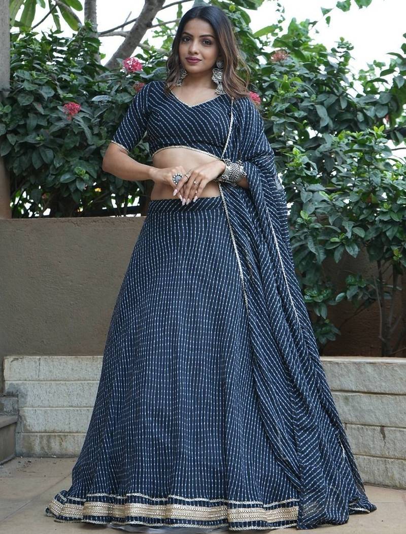 BLACK ZARI AND CODING LACE WORK WITH LEHERIYA PRINTED GEORGETTE SEMI STITCHED LEHENGA CHOLI