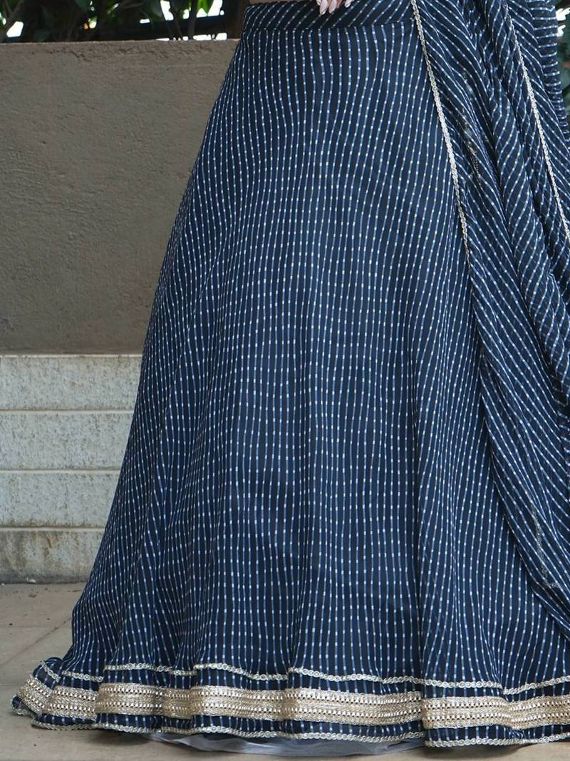 BLACK ZARI AND CODING LACE WORK WITH LEHERIYA PRINTED GEORGETTE SEMI STITCHED LEHENGA CHOLI