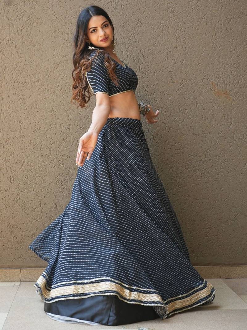 BLACK ZARI AND CODING LACE WORK WITH LEHERIYA PRINTED GEORGETTE SEMI STITCHED LEHENGA CHOLI