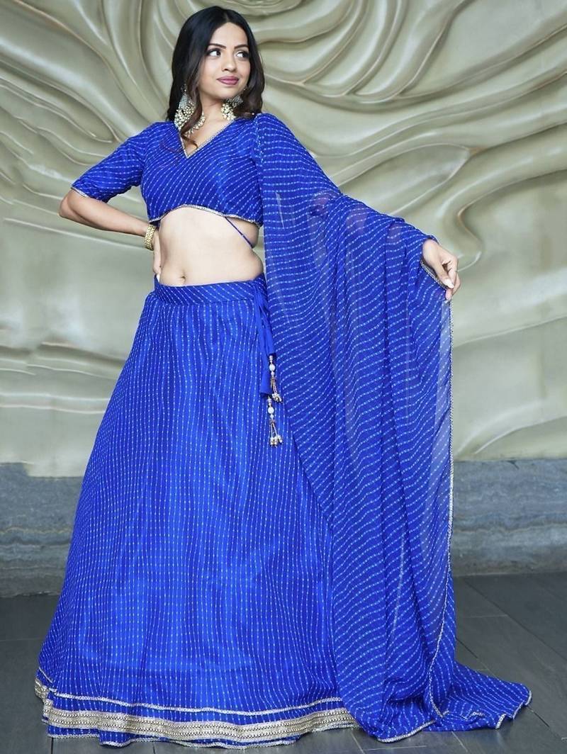 BLUE ZARI AND CODING LACE WORK WITH LEHERIYA PRINTED GEORGETTE SEMI STITCHED LEHENGA CHOLI