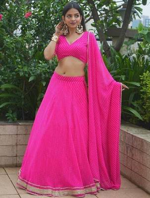 PINK ZARI AND CODING LACE WORK WITH LEHERIYA PRINTED GEORGETTE SEMI STITCHED LEHENGA CHOLI 1