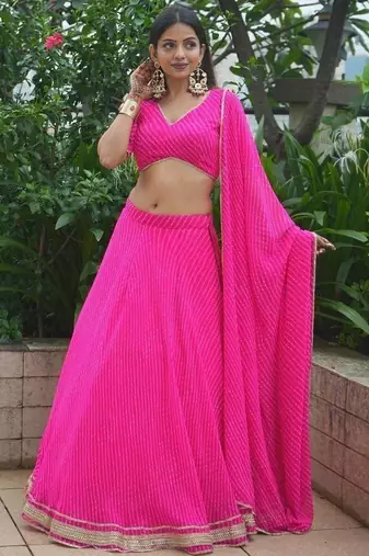 PINK ZARI AND CODING LACE WORK WITH LEHERIYA PRINTED GEORGETTE SEMI STITCHED LEHENGA CHOLI