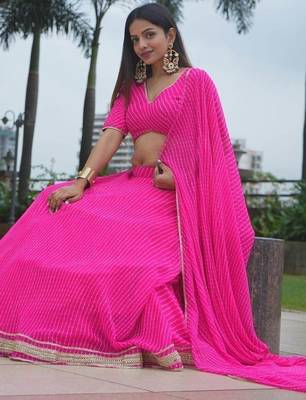 PINK ZARI AND CODING LACE WORK WITH LEHERIYA PRINTED GEORGETTE SEMI STITCHED LEHENGA CHOLI 2