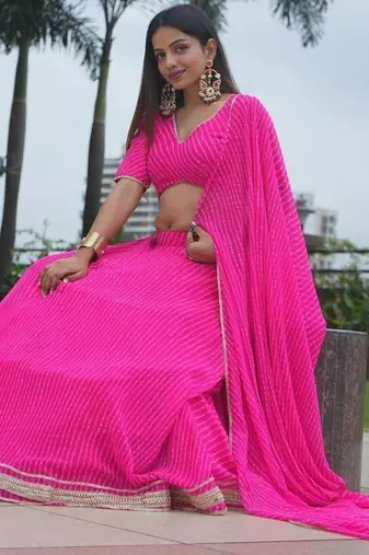PINK ZARI AND CODING LACE WORK WITH LEHERIYA PRINTED GEORGETTE SEMI STITCHED LEHENGA CHOLI