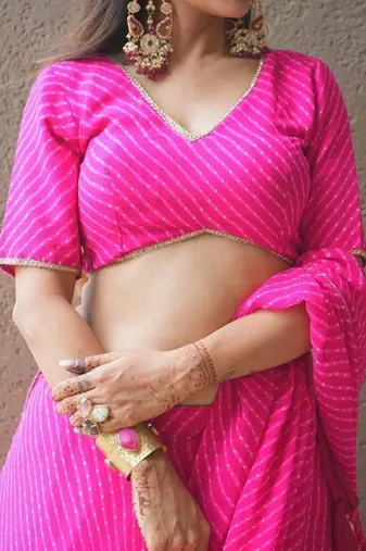 PINK ZARI AND CODING LACE WORK WITH LEHERIYA PRINTED GEORGETTE SEMI STITCHED LEHENGA CHOLI