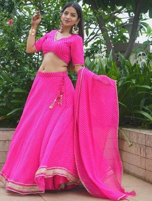 PINK ZARI AND CODING LACE WORK WITH LEHERIYA PRINTED GEORGETTE SEMI STITCHED LEHENGA CHOLI 5