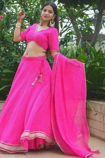 PINK ZARI AND CODING LACE WORK WITH LEHERIYA PRINTED GEORGETTE SEMI STITCHED LEHENGA CHOLI