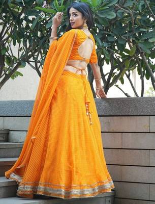 ORANGE ZARI AND CODING LACE WORK WITH LEHERIYA PRINTED GEORGETTE PARTY SEMI STITCHED LEHENGA CHOLI 5