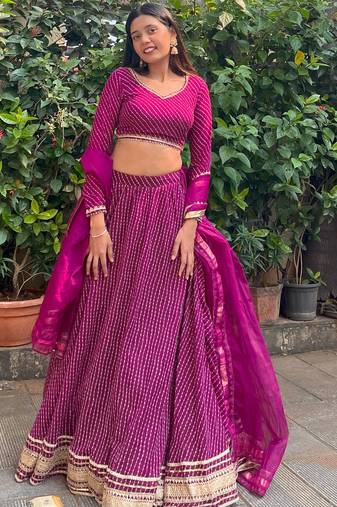 PURPLE ZARI AND CODING LACE WORK WITH LEHERIYA PRINTED GEORGETTE SEMI STITCHED LEHENGA CHOLI