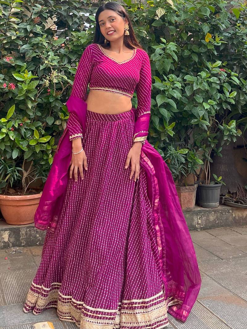 PURPLE ZARI AND CODING LACE WORK WITH LEHERIYA PRINTED GEORGETTE SEMI STITCHED LEHENGA CHOLI