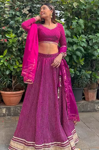 PURPLE ZARI AND CODING LACE WORK WITH LEHERIYA PRINTED GEORGETTE SEMI STITCHED LEHENGA CHOLI