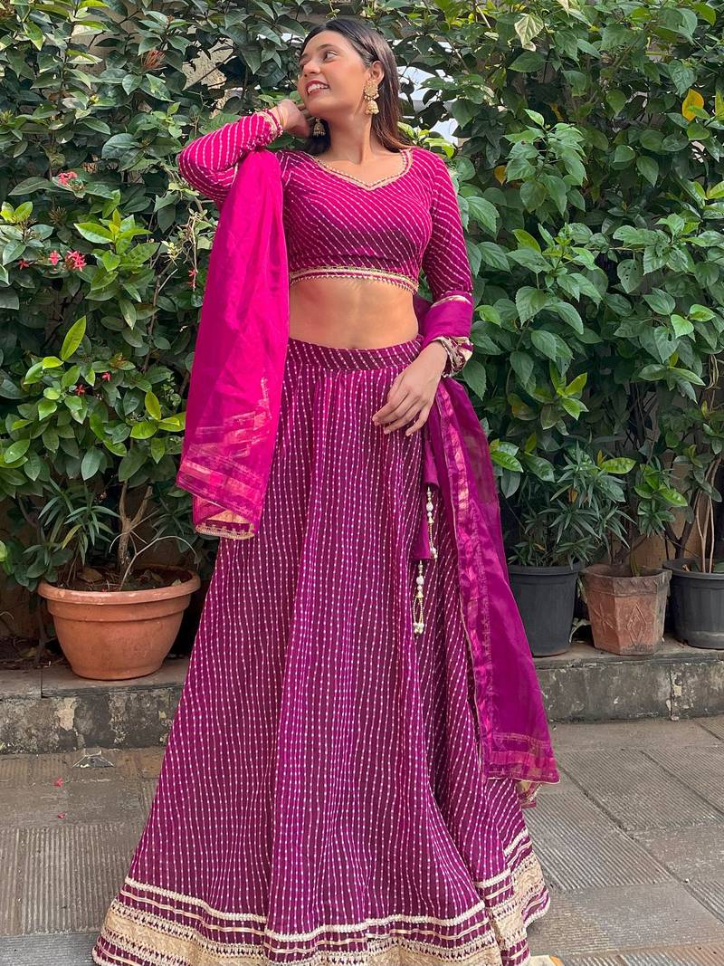 PURPLE ZARI AND CODING LACE WORK WITH LEHERIYA PRINTED GEORGETTE SEMI STITCHED LEHENGA CHOLI