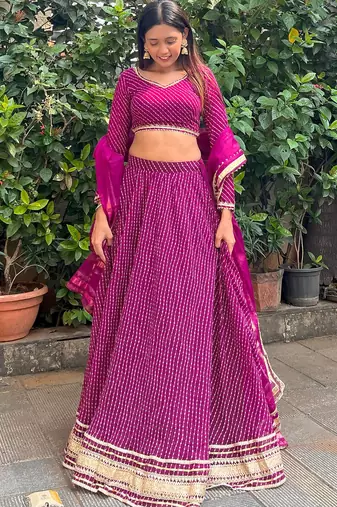 PURPLE ZARI AND CODING LACE WORK WITH LEHERIYA PRINTED GEORGETTE SEMI STITCHED LEHENGA CHOLI