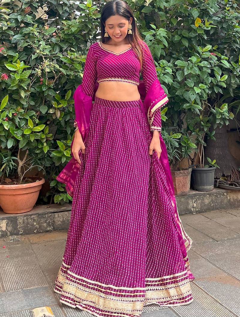 PURPLE ZARI AND CODING LACE WORK WITH LEHERIYA PRINTED GEORGETTE SEMI STITCHED LEHENGA CHOLI