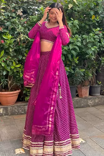 PURPLE ZARI AND CODING LACE WORK WITH LEHERIYA PRINTED GEORGETTE SEMI STITCHED LEHENGA CHOLI