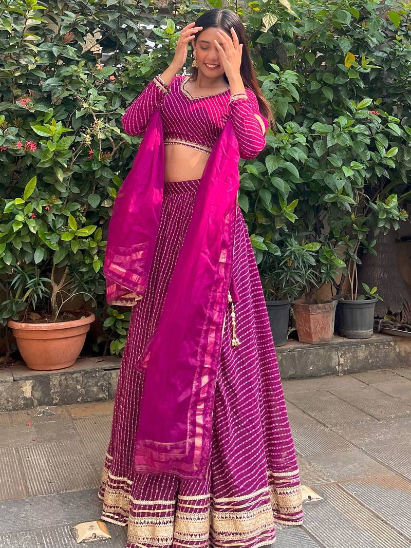 PURPLE ZARI AND CODING LACE WORK WITH LEHERIYA PRINTED GEORGETTE SEMI STITCHED LEHENGA CHOLI