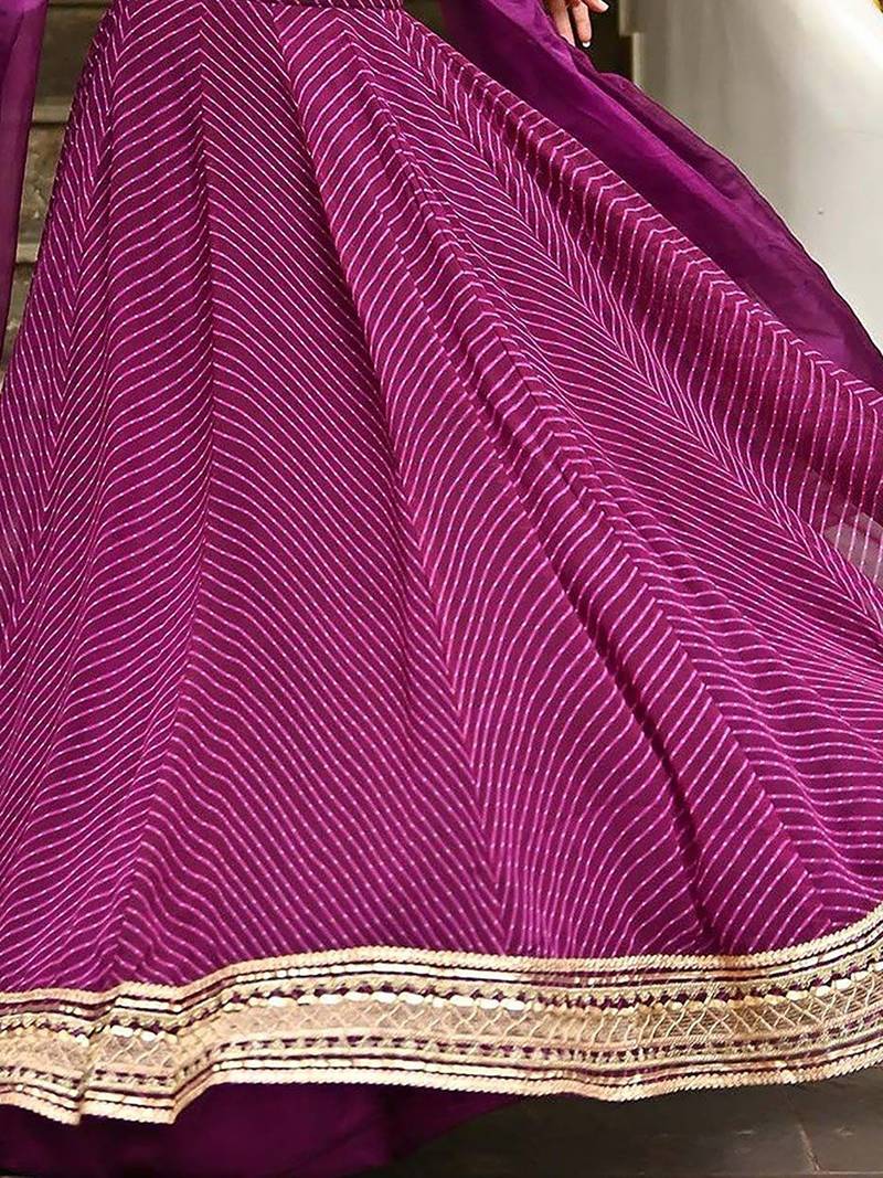 PURPLE ZARI AND CODING LACE WORK WITH LEHERIYA PRINTED GEORGETTE SEMI STITCHED LEHENGA CHOLI