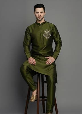 Mahendi green embroidered dupion art silk kurta set 3
