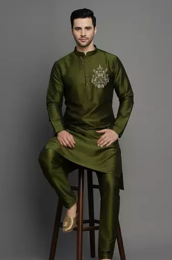 Mahendi green embroidered dupion art silk kurta set