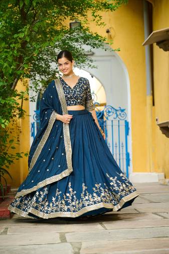 Blue Vichitra Silk With Sequins Embroidered Work Lahenga Choli And Duptta