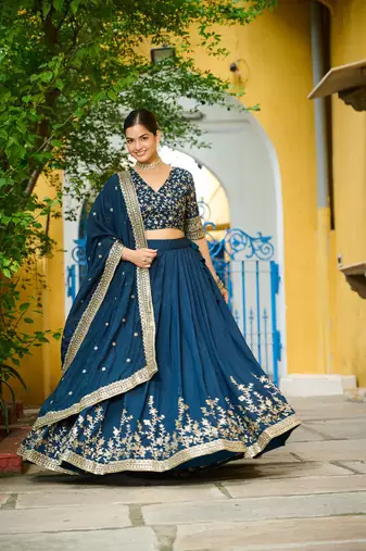 Blue Vichitra Silk With Sequins Embroidered Work Lahenga Choli And Duptta