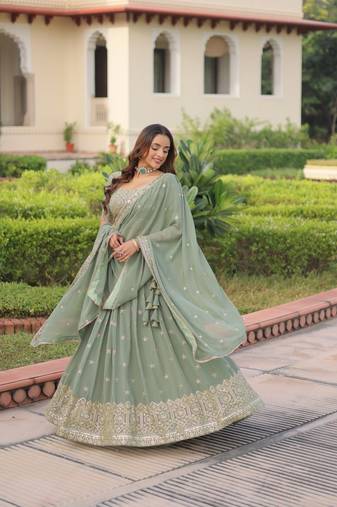 Green Faux Georgette With Sequins & Zari Multi Embroidered Lehenga