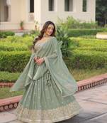 Green Faux Georgette With Sequins & Zari Multi Embroidered Lehenga