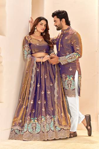 Lavender embroidered lehenga & matching men's kurta set couple combo