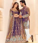 Lavender embroidered lehenga & matching men's kurta set couple combo